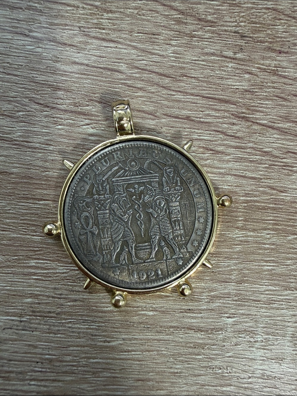 Vintage 1921 Egyptian Motif Coin Pendant in Gold-Tone Frame